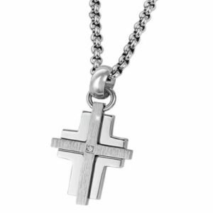 Gorgeous Stainless Steel Double Cross Pendant with 1.5 Points Carat Diamond
