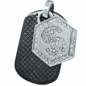 Black PVD Pendant with Textured Dog Tag and Stainless Steel Crystal Dollar Sign