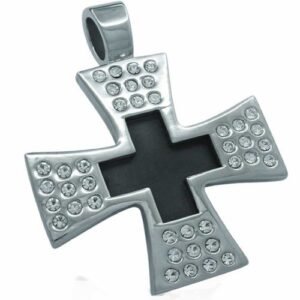Stainless Steel Maltesse Cross Pendant with Black Enamel Center and Surrounding CZ Stones