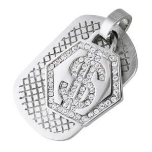 Large Stainless Steel Pendant with Textured Dog Tag and Crystal Dollar Sign