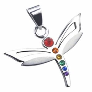 Stainless Steel Dragonfly Pendant with Rainbow Stones Down The Body