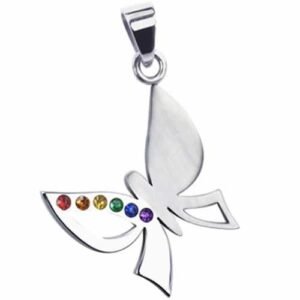 Very Nice Stainless Steel Butterfly Pendant With Rainbow Colored Stones
