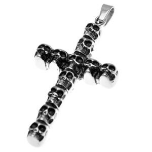 Cross in Stainless Steel with Stacked Skulls Design