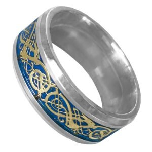 Stainless Steel Celtic Knot Ring w/ Blue & Gold Accents