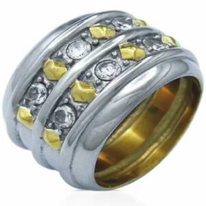 X-LARGE 3/4" Wide Brilliant Stainless Steel Ring With Gold PVD Nugget and Crystals