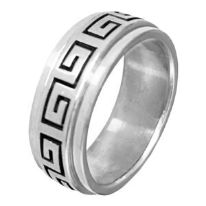 Stainless Steel Spinner Greek Key Ring