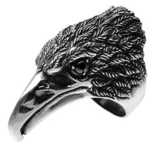 Stainless Steel Eagle Head Ring with Black CZ Jeweled Eyes