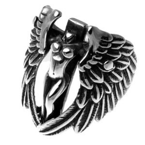 Stainless Steel Winged Female Angel on a Cross Ring