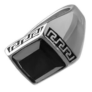 Stainless Steel Black Square Stone Ring with Greek Key Design