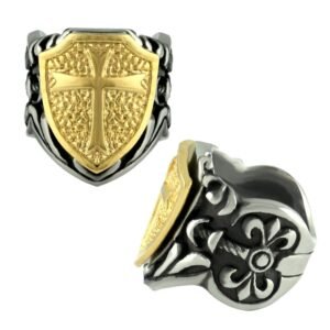 Stainless Steel & Gold PVD Cross on Shield Ring