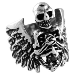 Stainless Steel Skull Skeleton w/ Wings and Jet CZ
