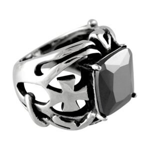 Stainless Steel Ring with Black CZ Stone and Maltese Cross