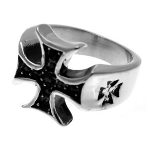 Stainless Steel Maltese Cross Biker Ring w/ Jet Colored Stones