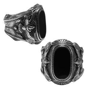 Stainless Steel Ring with Black Oval Cabochon and Flying Eagle