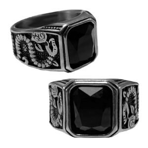 Stainless Steel Ring with Black Stone and Snakes