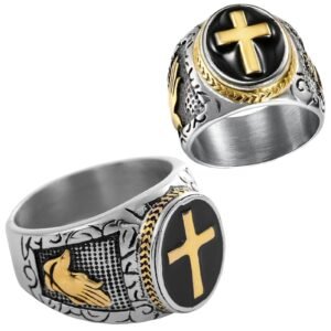 Stainless Steel w/ Gold pvd Accents of Holy Cross Prayer Ring