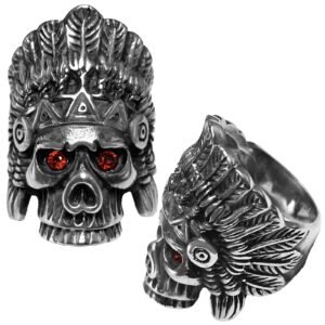 Stainless Steel Native Skull w/ Red Eyes Ring