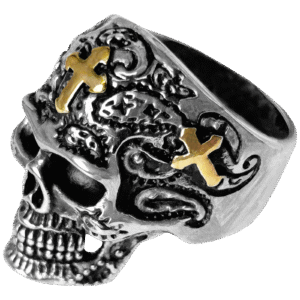 Stainless Steel Day of Dead Skull Ring w/ Gold Crosses