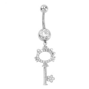316L Surgical Steel Jeweled Belly Ring With Hanging Key Charm