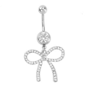 316L Surgical Steel Belly Ring With Hanging Jeweled Bow