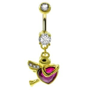 Abstract Cupid Gold Belly ring with Fuchsia Heart