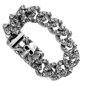 Stainless Steel Wide Cuban Link Band w/  Skull Bracelet