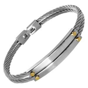 Stainless Steel Double Cable Wire Bracelet w/ Gold Accents