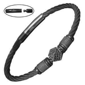 Black Stainless Steel Cable Wire Bracelet w/ Zircon Pave Diamond Cube Bead