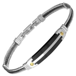 Black & Stainless Steel Cable Wire Bracelet w/ Tiny Gold Screws