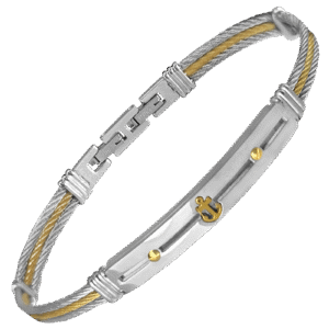 Stainless Steel & Gold PVD Cable Wire Bracelet w/ Tiny Anchor