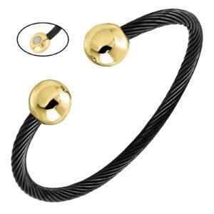 Stainless Steel Cable Wire Bangle w/ Gold Magnet Studs