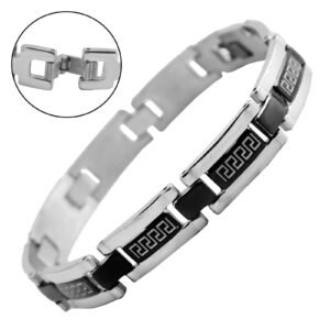 Stainless Steel Silver and Black Chain Link Bracelet with Geometric Accents