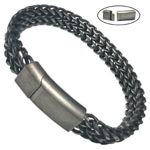 Stainless Steel Double Spiga Wheat Chain Bracelet w/ Gun Metal Finish