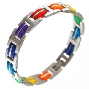 Stainless Steel Pride Bracelet with Rainbow Colored Rubber Cover Links