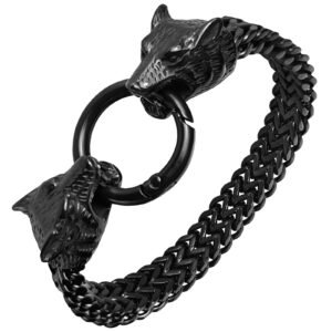 Stainless Steel Double Black Franco Bracelet w/ Wolf Head