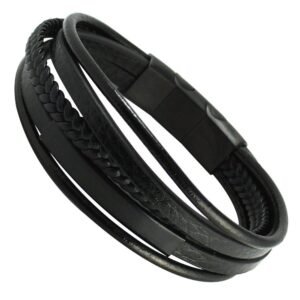 Stainless Steel w/ Leather and ID Center Magnetic Clasp - Black
