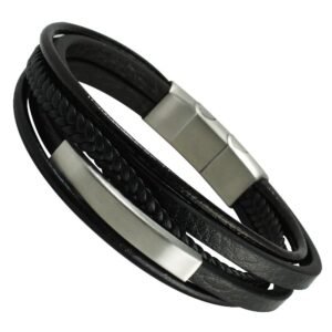 Stainless Steel w/ Leather and ID Center Magnetic Clasp - Steel