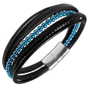 Black Leather & Stainless Steel Bracelet w/ Blue Beads