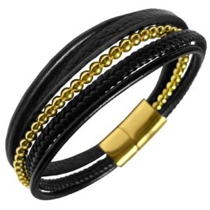 Leather & Stainless Steel Bracelet with Gold Beads