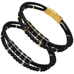Stainless Steel Bracelet w/ Braided Leather & Beads