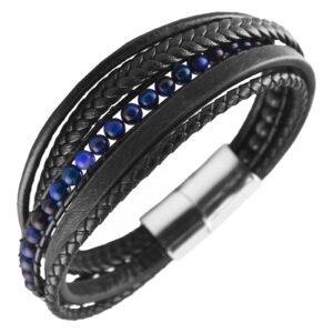 Leather & Stainless Steel Bracelet w/ Blue Lapis Beads
