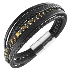Leather & Stainless Steel Tiger Eye Stone Bracelet