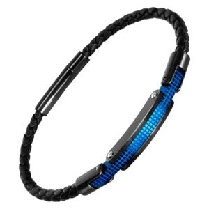 Black Leather & Stainless Steel Bracelet w/ Blue Carbon Fiber