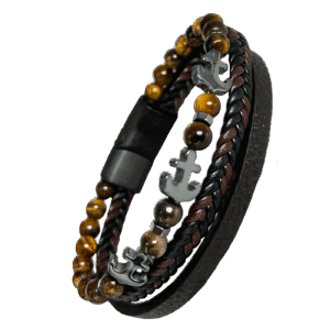 Multi String and Tea Beads with Anchor Charm, Stainless Steel Closure