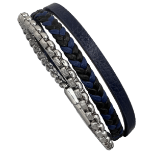 Stainless Steel Chain & Blue Leather Layered Bracelet
