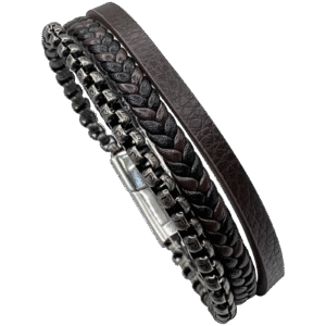 Stainless Steel Gun Metal Chain & Leather Layered Bracelet