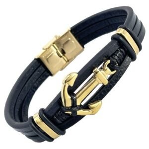 Stainless Steel Leather Bracelet with Gold Anchor