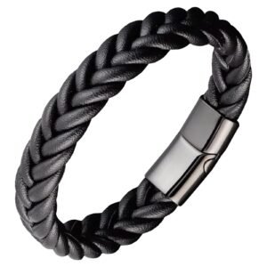 Black Braided Leather Bracelet w/ Stainless Steel Closure