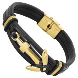 Black Leather Bracelet with Stainless Steel Gold Anchor