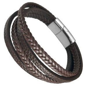 Brown Double Layered Braided Leather Bracelet